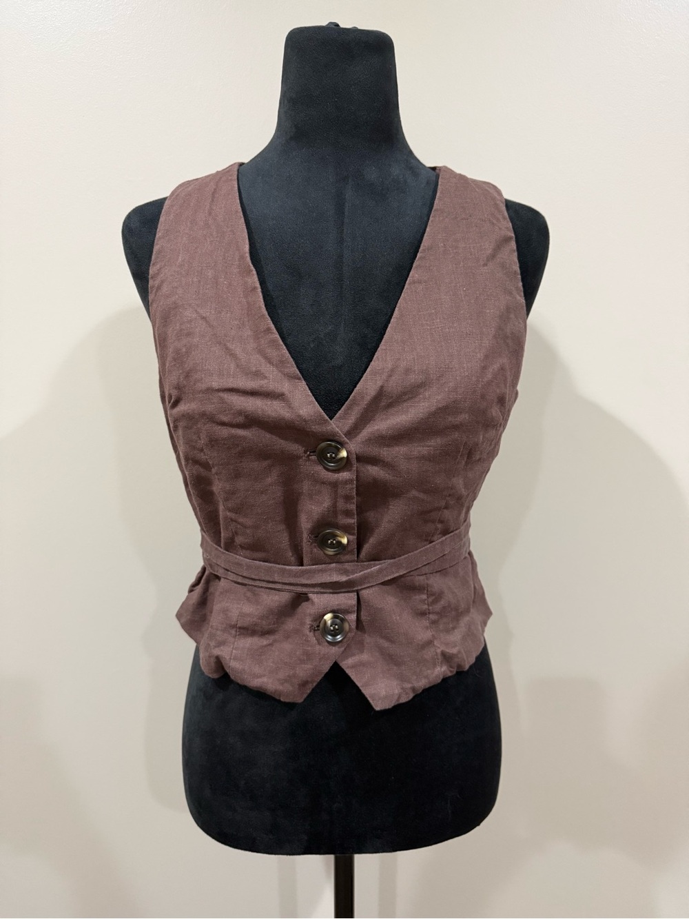 SNDYS Linen Blend Tailored Vest with Waist Tie - Brown